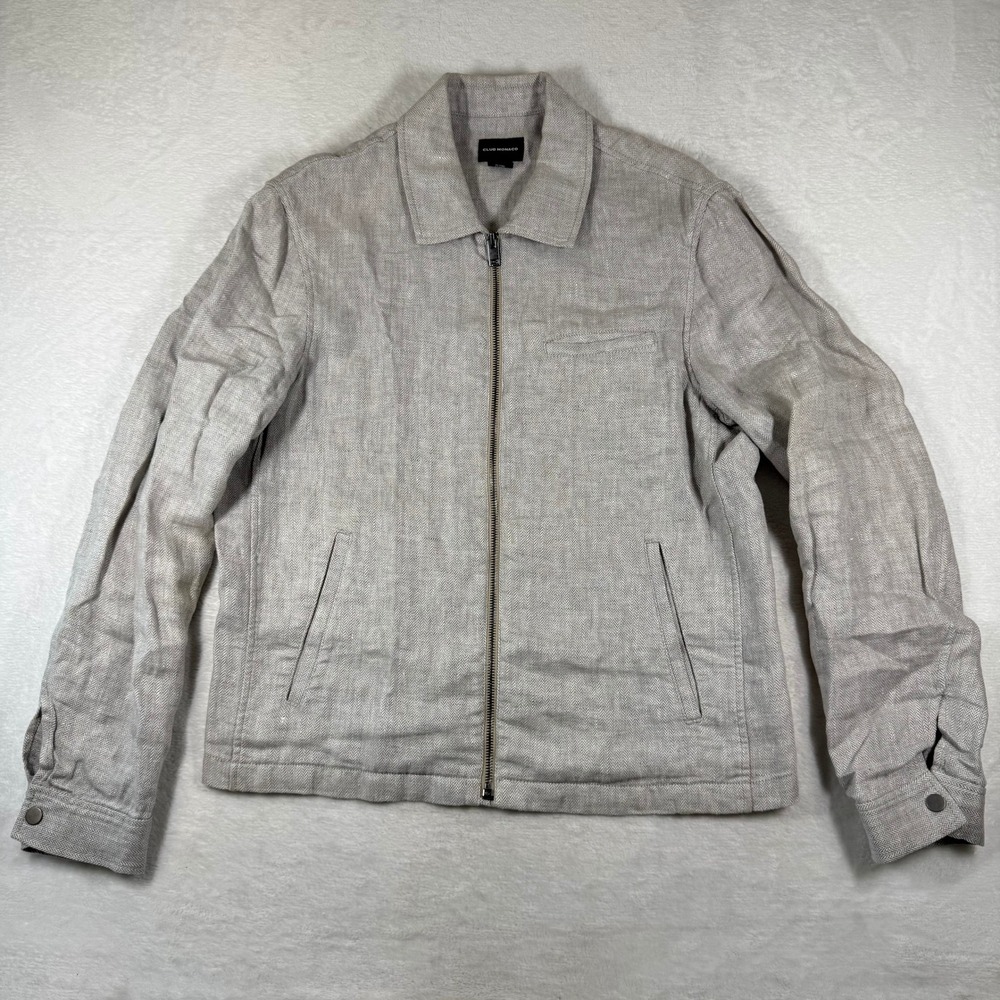 Club Monaco Gray Herringbone Linen Blend Full Zip Harrington Jacket Size M